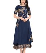 Blue Embroidered Silk Ethnic-Kurtis