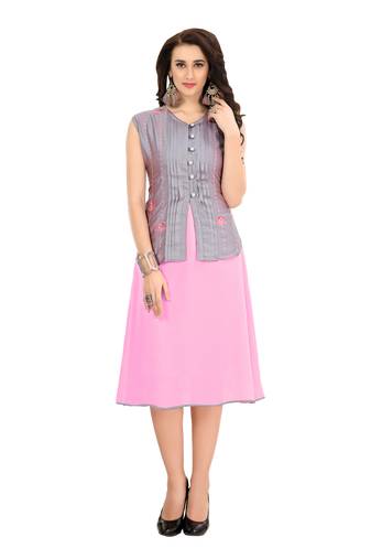 Pink Embroidered Georgette Ethnic-Kurtis