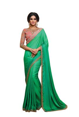 Sea green plain satin saree with blouse 1