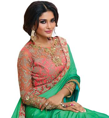 Sea green plain satin saree with blouse 2