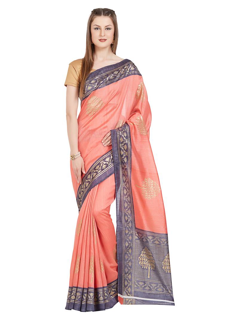 Peach Tussar Silk Embroidered Party Wear Saree