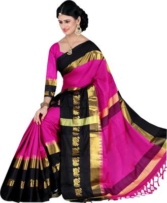 Multicolor plain cotton silk saree with blouse 1