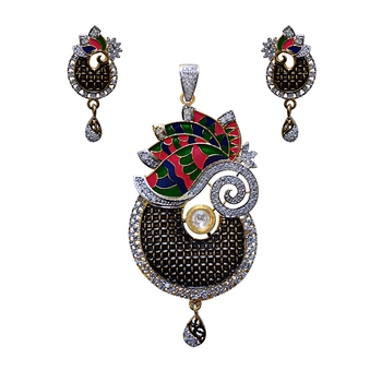 Antique Finish Oxidized American Diamond Studed Meenakari Mango Flower Shape Gold Plated Brass Pendant Set For Women Mk Jewellers 2558675 - Mk Pendant Set