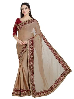 brown designer embroidered patch stone and beautiful floral design chiffon saree with blouse 1