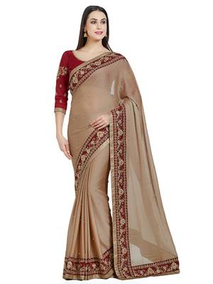 brown designer embroidered patch stone and beautiful floral design chiffon saree with blouse 2