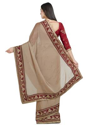 brown designer embroidered patch stone and beautiful floral design chiffon saree with blouse 3
