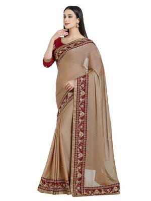 brown designer embroidered patch stone and beautiful floral design chiffon saree with blouse 4