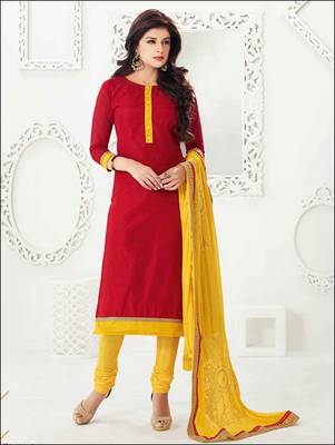 Red embroidered chanderi unstitched  salwar with dupatta 1