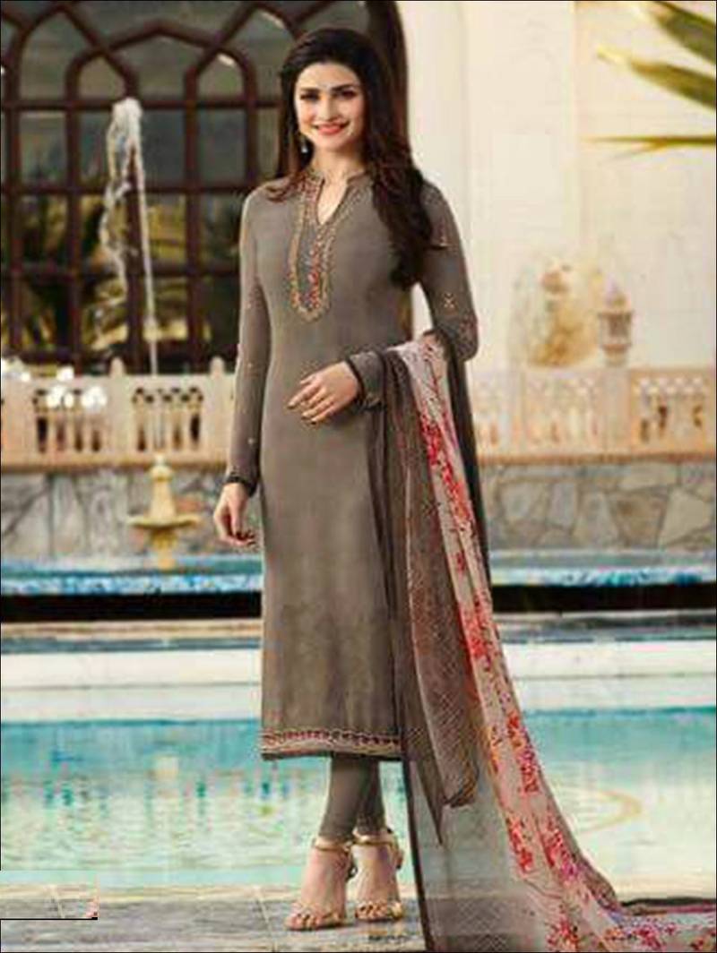 Brown embroidered crepe semi stitched  salwar with dupatta