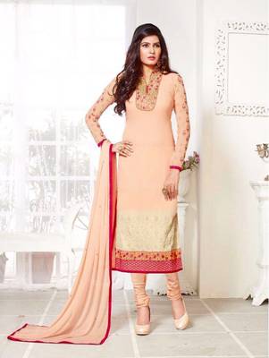 Orange embroidered georgette semi stitched  salwar with dupatta 1