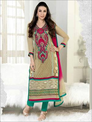 Beige embroidered georgette semi stitched  salwar with dupatta 1