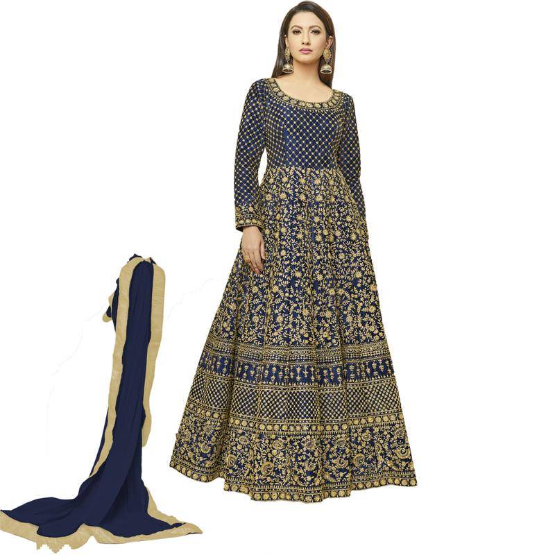 Blue embroidered silk Anarkali Suit