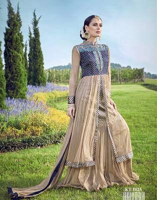 Beige embroidered georgette unstitched lehenga 2
