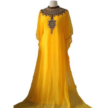 Yellow georgette zari work stones and beads embellished islamic style arabian look party wear farasha 1