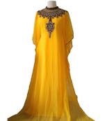 Yellow georgette zari work stones and beads embellished islamic style arabian look party wear farasha