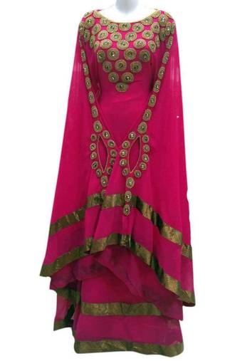 Pink georgette zari work stones and beads embellished islamic style arabian look party wear farasha