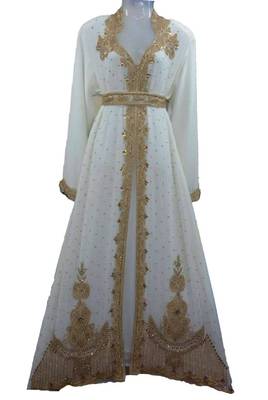 White georgette zari work stones and beads embellished islamic style arabian look party wear kaftan 1