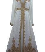 White georgette zari work stones and beads embellished islamic style arabian look party wear kaftan
