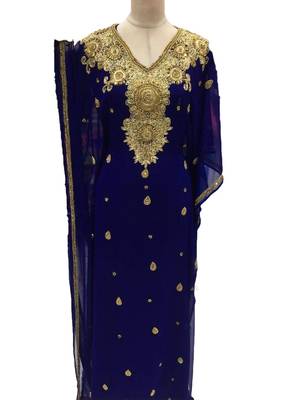 Blue georgette zari work stones and beads embellished islamic style arabian look party wear farasha 1