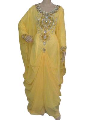 Yellow georgette zari work stones and beads embellished islamic style arabian look party wear farasha 1