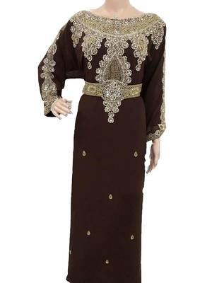 Brown georgette zari work stones and beads embellished islamic style arabian look party wear kaftan 1