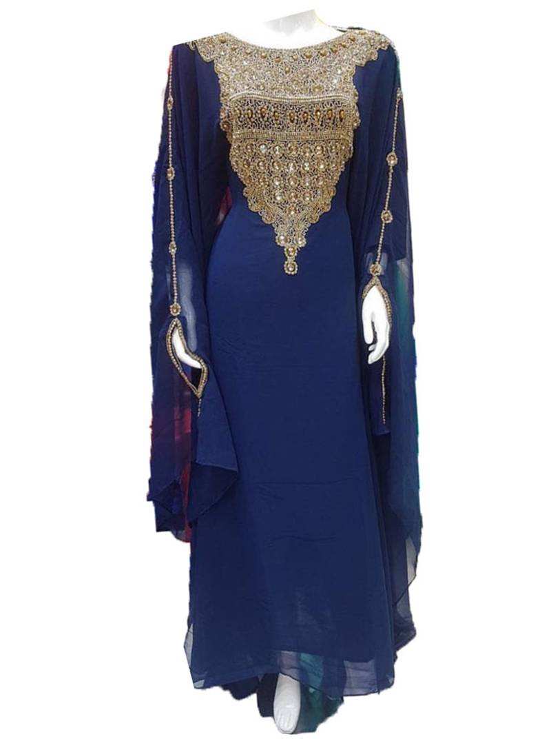 Blue georgette zari work stones and beads embellished islamic style arabian look party wear farasha