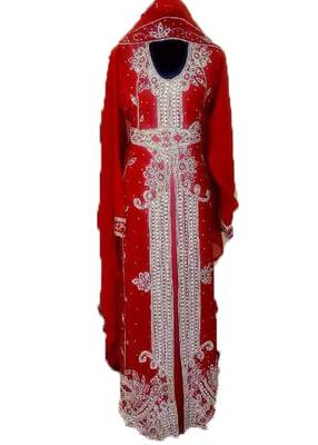 Red georgette zari work stones and beads embellished islamic style arabian look party wear kaftan 1