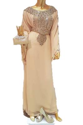 Beige georgette zari work stones and beads embellished islamic style arabian look party wear farasha 1