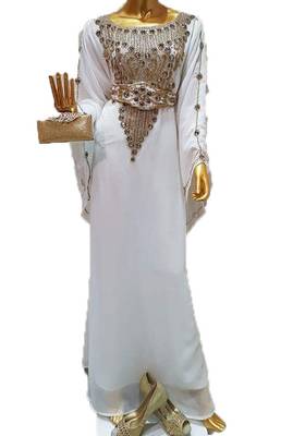 White georgette zari work stones and beads embellished islamic style arabian look party wear farasha 1