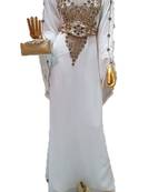 White georgette zari work stones and beads embellished islamic style arabian look party wear farasha