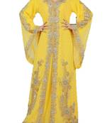 Grand Canary Yellow Moroccan Kaftan Gown with Silver Zari & Stone Work | Luxury Event Dress
