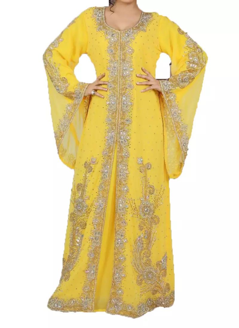 Yellow georgette zari work stones and beads embellished islamic style arabian look party wear kaftan
