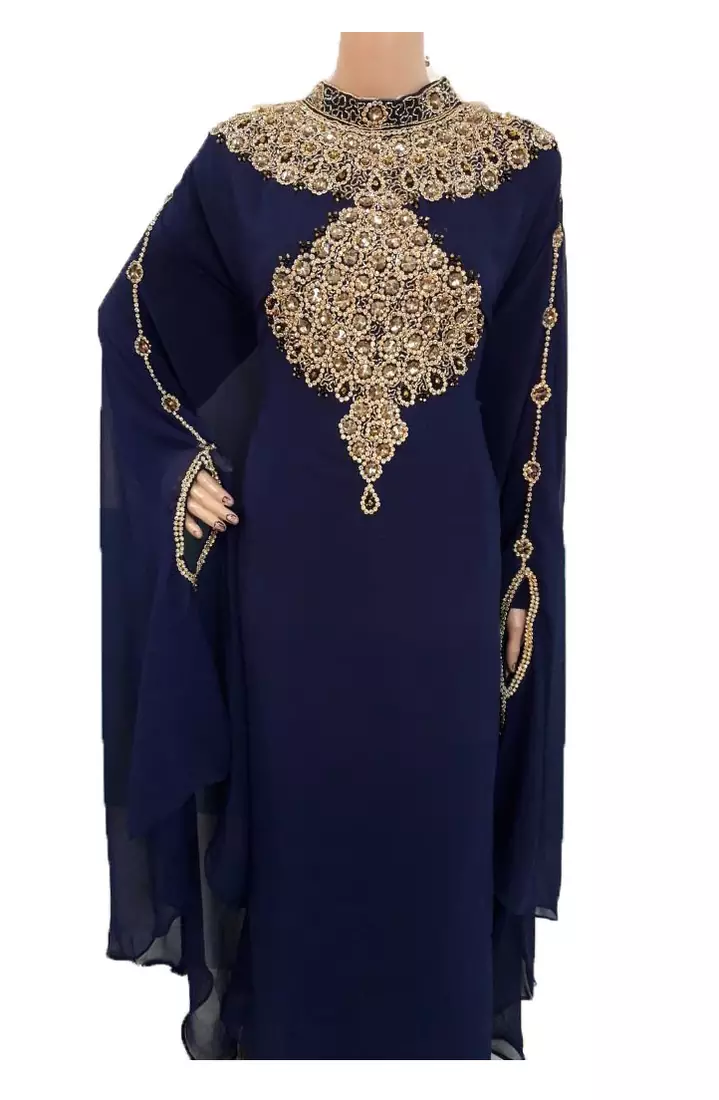 Blue georgette zari work stones and beads embellished islamic style arabian look party wear farasha