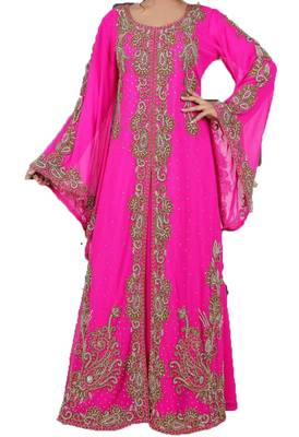 Pink georgette zari work stones and beads embellished islamic style arabian look party wear kaftan 1