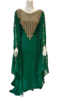 Green georgette zari work stones and beads embellished islamic style arabian look party wear farasha 1