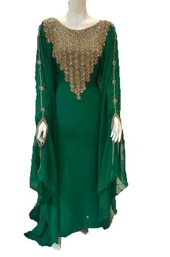 Green georgette zari work stones and beads embellished islamic style arabian look party wear farasha