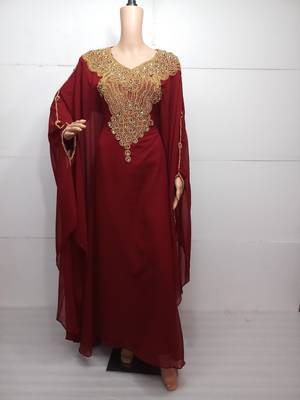 Red georgette zari work stones and beads embellished islamic style arabian look party wear farasha 1