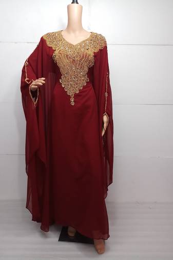 Red georgette zari work stones and beads embellished islamic style arabian look party wear farasha