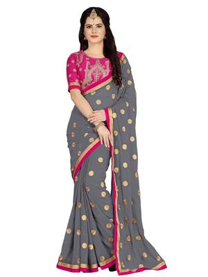 Grey embroidered georgette saree with blouse 1