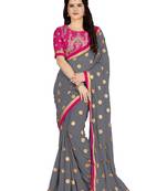 Grey embroidered georgette saree with blouse