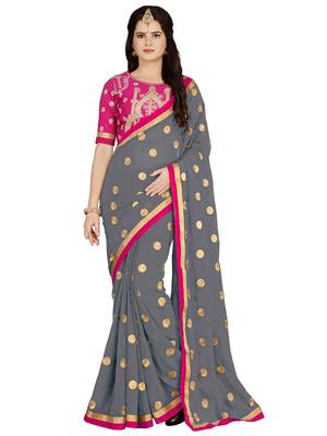 Grey embroidered georgette saree with blouse 2