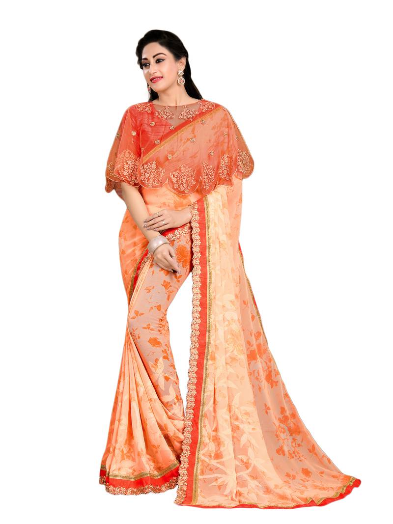 Peach printed georgette saree with blouse
