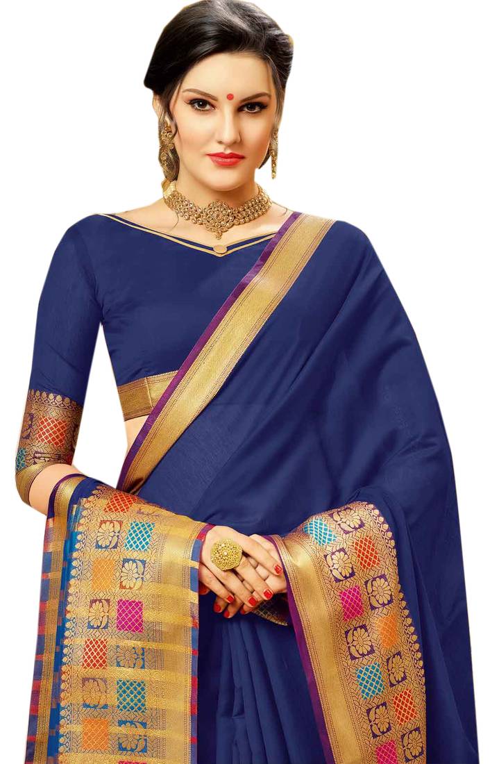 Women's Silk Blend Navy Blue Woven Design Handloom Saree With Blouse Piece