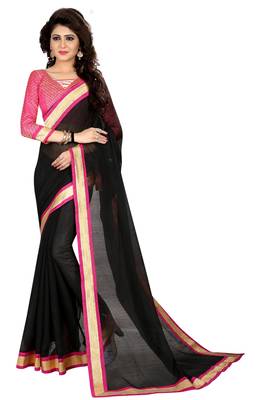 Black plain chanderi saree with blouse 1
