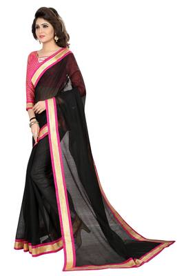 Black plain chanderi saree with blouse 2