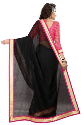 Black plain chanderi saree with blouse 3
