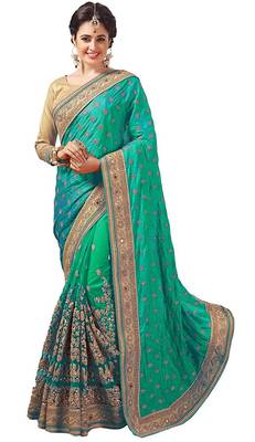 Green embroidered silk & net saree with blouse 1