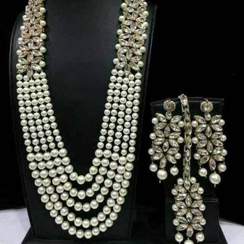 Charming Jewelry Pearl Kundan CZ Long Necklace Earrings Tikka 4pc Set 1