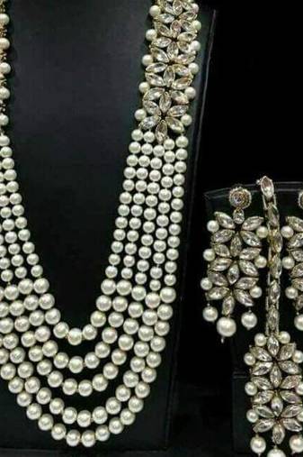 Charming Jewelry Pearl Kundan CZ Long Necklace Earrings Tikka 4pc Set