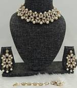 Charming Jewelry Pearl Kundan CZ Choker Necklace Earrings Tikka 4pc Set